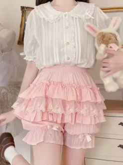 Pink Lolita Layered Ruffle Bloomers Pumpkin Shorts Lace Elastic Waist Lolita Pettipants