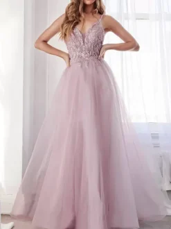 Pink Prom Dress 2026 A-Line V-Neck Sleeveless Polyester Floor-Length Lace Formal Party Dresses Wedding Guest Dresses
