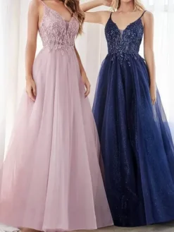Pink Prom Dress 2026 A-Line V-Neck Sleeveless Polyester Floor-Length Lace Formal Party Dresses Wedding Guest Dresses