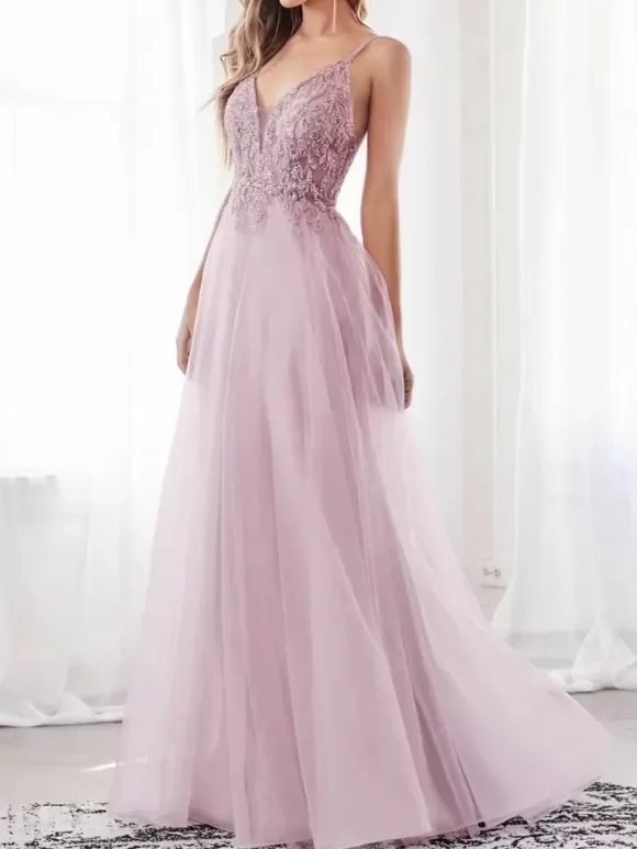 Pink Prom Dress 2026 A-Line V-Neck Sleeveless Polyester Floor-Length Lace Formal Party Dresses Wedding Guest Dresses