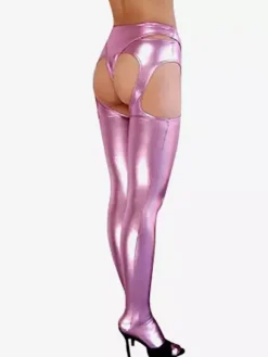 Pink Sexy Crotchless Shiny Metallic Skinny Tights