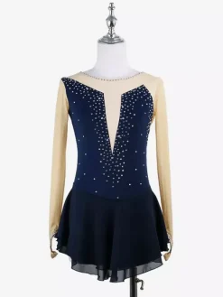 Pink Skating Dress Nuded Long Sleeves Mesh Rhinestone Women And Girl Ice Skater Dress