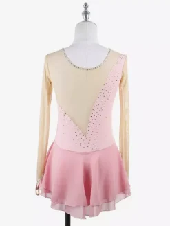 Pink Skating Dress Nuded Long Sleeves Mesh Rhinestone Women And Girl Ice Skater Dress