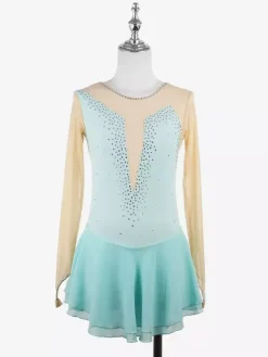 Pink Skating Dress Nuded Long Sleeves Mesh Rhinestone Women And Girl Ice Skater Dress