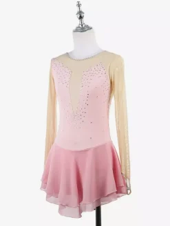 Pink Skating Dress Nuded Long Sleeves Mesh Rhinestone Women And Girl Ice Skater Dress