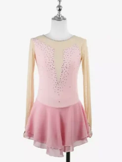 Pink Skating Dress Nuded Long Sleeves Mesh Rhinestone Women And Girl Ice Skater Dress