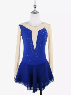 Pink Skating Dress Nuded Long Sleeves Mesh Rhinestone Women And Girl Ice Skater Dress