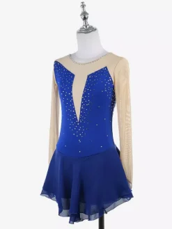 Pink Skating Dress Nuded Long Sleeves Mesh Rhinestone Women And Girl Ice Skater Dress