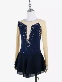 Pink Skating Dress Nuded Long Sleeves Mesh Rhinestone Women And Girl Ice Skater Dress