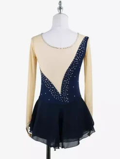 Pink Skating Dress Nuded Long Sleeves Mesh Rhinestone Women And Girl Ice Skater Dress