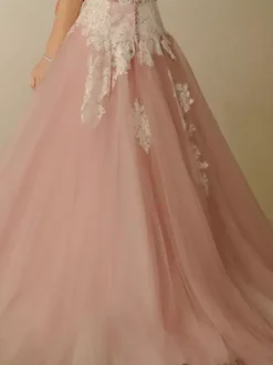 Pink Wedding Dresses A-Line Strapless Sleeveless Backless Sash Lace With Train Bridal Gown Free Customization