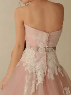Pink Wedding Dresses A-Line Strapless Sleeveless Backless Sash Lace With Train Bridal Gown Free Customization