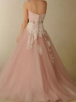 Pink Wedding Dresses A-Line Strapless Sleeveless Backless Sash Lace With Train Bridal Gown Free Customization