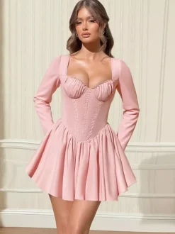 Pink A Line Corset Style Mini Dress For Women - Coquette Lace Patchwork Long Sleeve - Spring Birthday Party 2026
