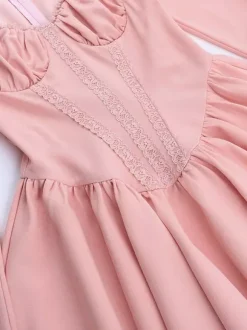 Pink A Line Corset Style Mini Dress For Women - Coquette Lace Patchwork Long Sleeve - Spring Birthday Party 2026