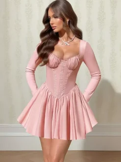 Pink A Line Corset Style Mini Dress For Women - Coquette Lace Patchwork Long Sleeve - Spring Birthday Party 2026