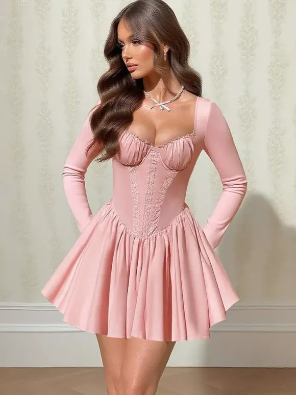 Pink A Line Corset Style Mini Dress For Women - Coquette Lace Patchwork Long Sleeve - Spring Birthday Party 2026