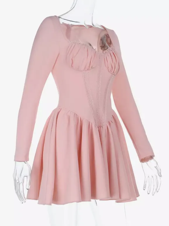 Pink A Line Corset Style Mini Dress For Women - Coquette Lace Patchwork Long Sleeve - Spring Birthday Party 2026