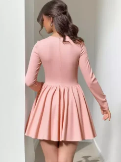 Pink A Line Corset Style Mini Dress For Women - Coquette Lace Patchwork Long Sleeve - Spring Birthday Party 2026