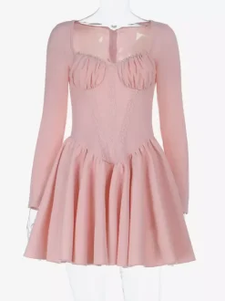 Pink A Line Corset Style Mini Dress For Women - Coquette Lace Patchwork Long Sleeve - Spring Birthday Party 2026