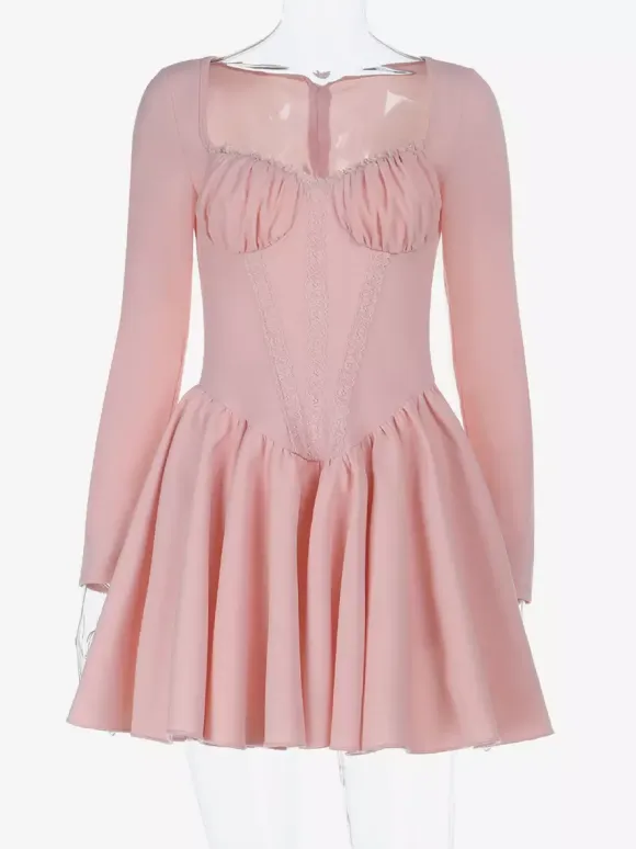 Pink A Line Corset Style Mini Dress For Women - Coquette Lace Patchwork Long Sleeve - Spring Birthday Party 2026