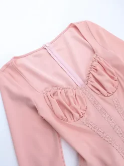 Pink A Line Corset Style Mini Dress For Women - Coquette Lace Patchwork Long Sleeve - Spring Birthday Party 2026