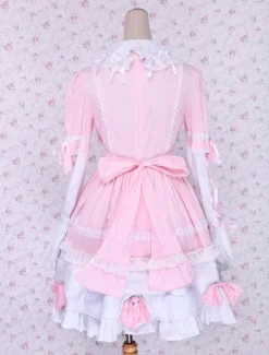 Pink And White Turndown Collar Front Tie Cotton Sweet Lolita Dress