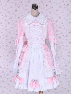 Pink And White Turndown Collar Front Tie Cotton Sweet Lolita Dress