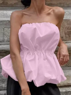 Pink Cami Top Strapless Pleated Sexy Backless Cotton Women Camis