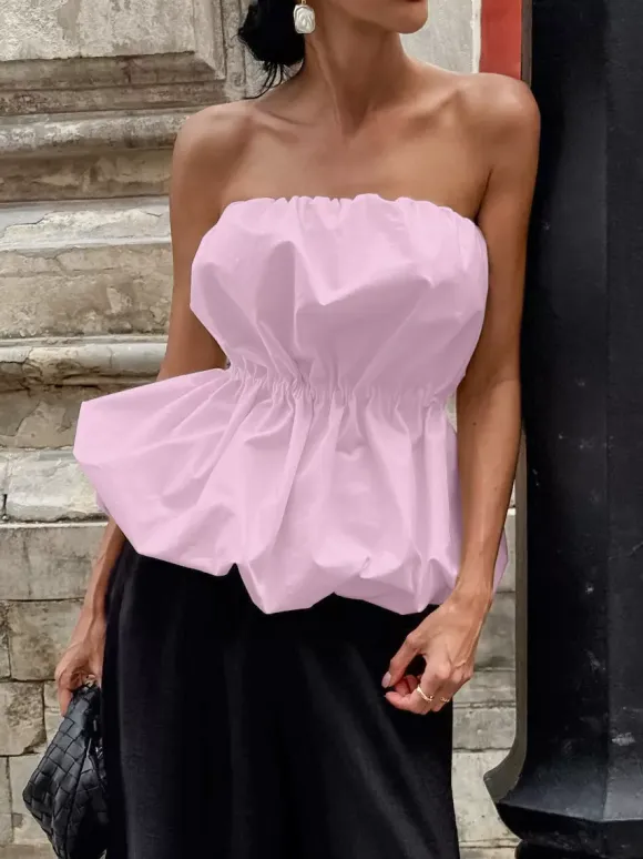 Pink Cami Top Strapless Pleated Sexy Backless Cotton Women Camis