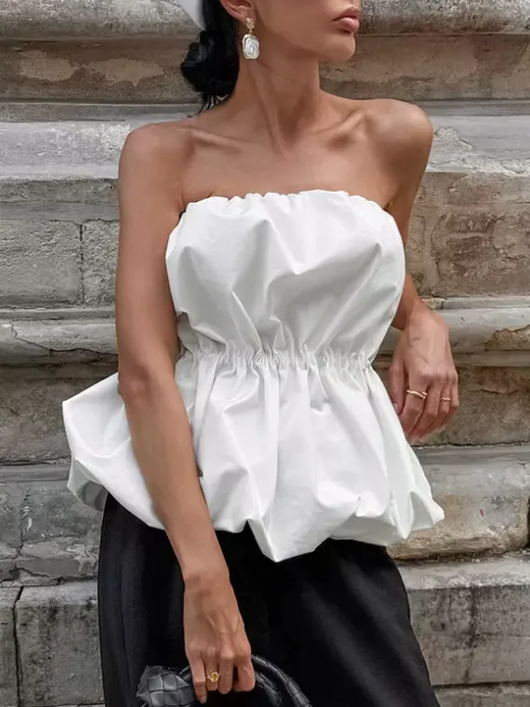 Pink Cami Top Strapless Pleated Sexy Backless Cotton Women Camis