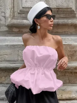Pink Cami Top Strapless Pleated Sexy Backless Cotton Women Camis
