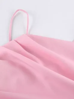 Pink Cami Top Straps Neck Pleated Backless Chic Women Camis