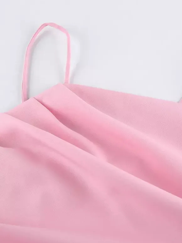 Pink Cami Top Straps Neck Pleated Backless Chic Women Camis
