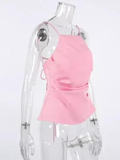 Pink Cami Top Straps Neck Pleated Backless Chic Women Camis