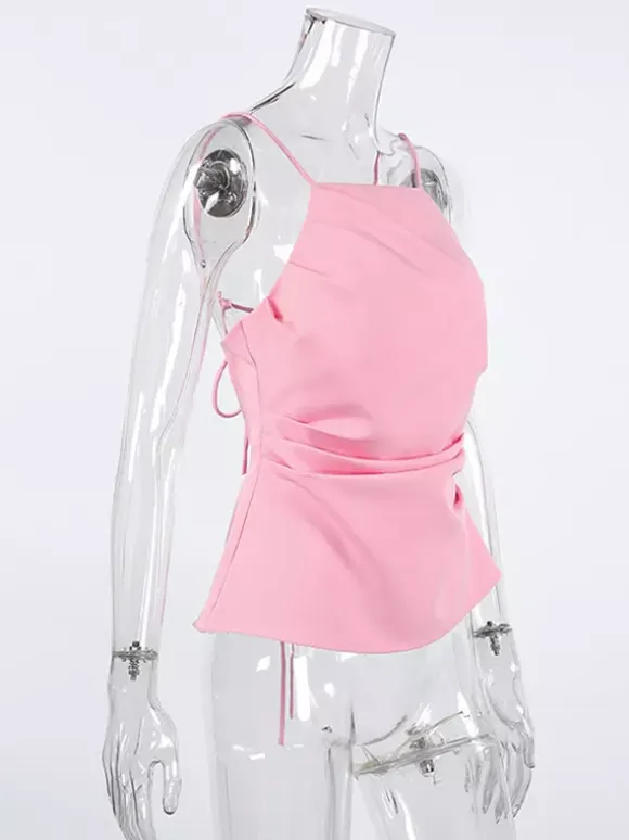 Pink Cami Top Straps Neck Pleated Backless Chic Women Camis