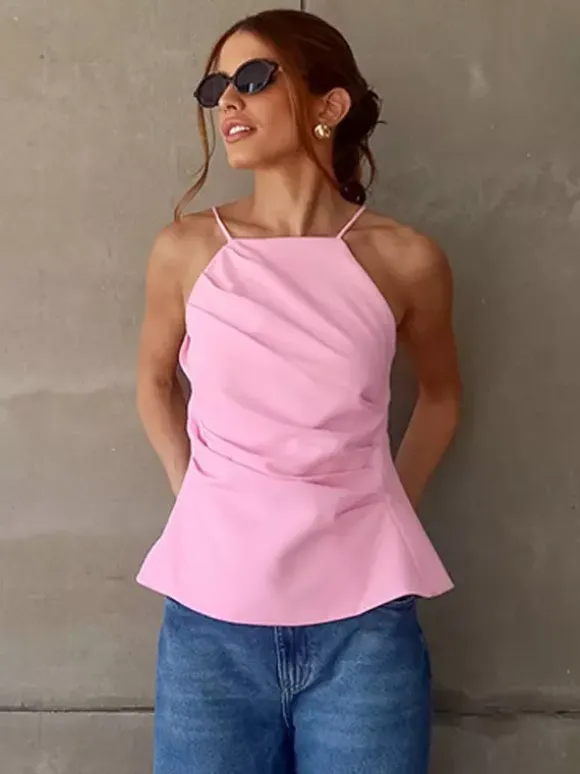 Pink Cami Top Straps Neck Pleated Backless Chic Women Camis