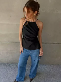 Pink Cami Top Straps Neck Pleated Backless Chic Women Camis