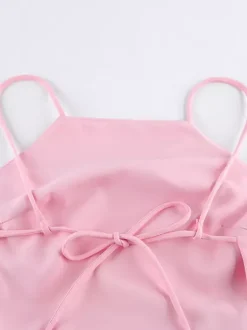 Pink Cami Top Straps Neck Pleated Backless Chic Women Camis