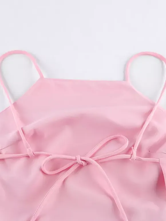 Pink Cami Top Straps Neck Pleated Backless Chic Women Camis