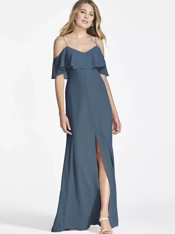 Pink Chiffon Bridesmaid Dress Cold Shoulder Ruffled Split A-Line Maxi Gowns