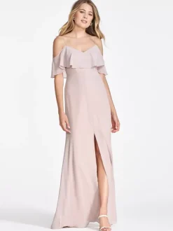 Pink Chiffon Bridesmaid Dress Cold Shoulder Ruffled Split A-Line Maxi Gowns