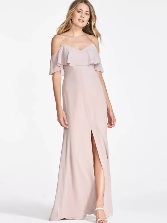 Pink Chiffon Bridesmaid Dress Cold Shoulder Ruffled Split A-Line Maxi Gowns