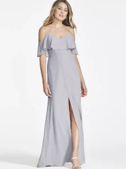 Pink Chiffon Bridesmaid Dress Cold Shoulder Ruffled Split A-Line Maxi Gowns