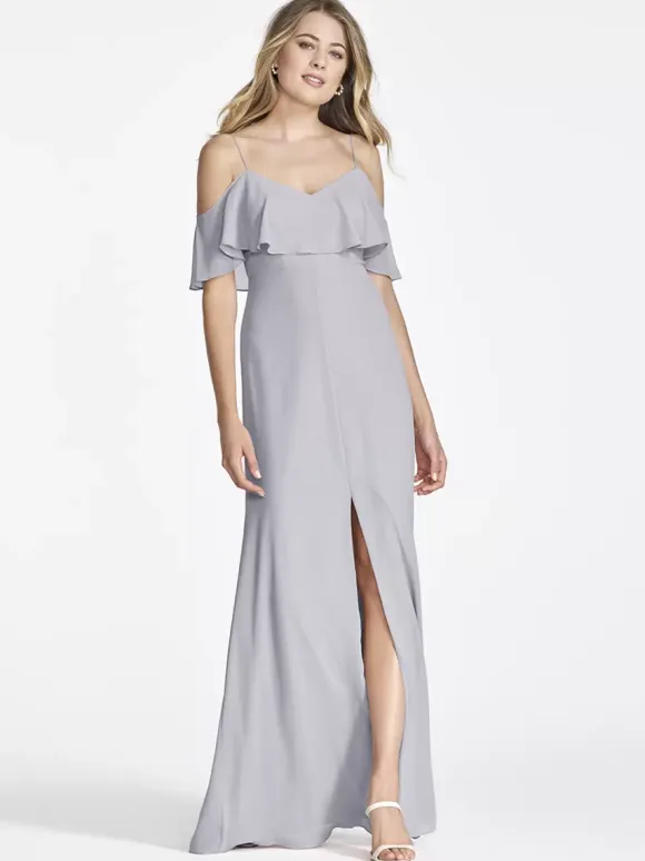 Pink Chiffon Bridesmaid Dress Cold Shoulder Ruffled Split A-Line Maxi Gowns