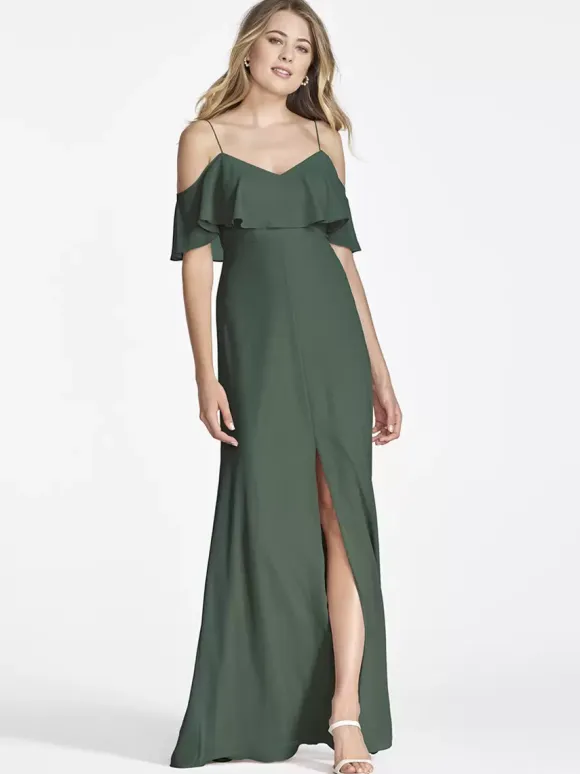 Pink Chiffon Bridesmaid Dress Cold Shoulder Ruffled Split A-Line Maxi Gowns