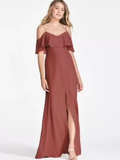 Pink Chiffon Bridesmaid Dress Cold Shoulder Ruffled Split A-Line Maxi Gowns