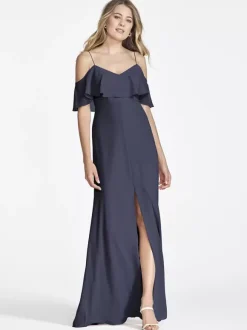 Pink Chiffon Bridesmaid Dress Cold Shoulder Ruffled Split A-Line Maxi Gowns