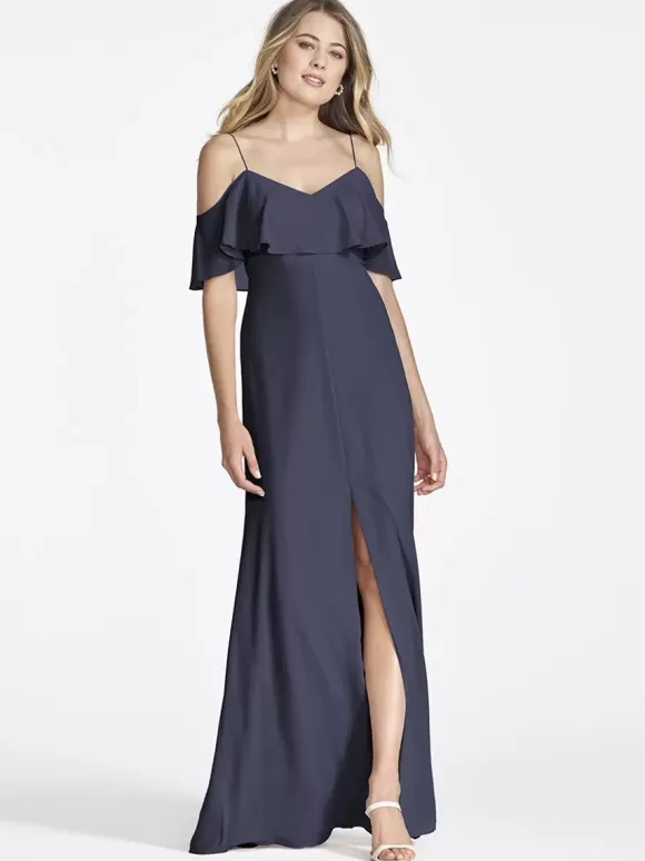 Pink Chiffon Bridesmaid Dress Cold Shoulder Ruffled Split A-Line Maxi Gowns