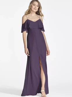 Pink Chiffon Bridesmaid Dress Cold Shoulder Ruffled Split A-Line Maxi Gowns